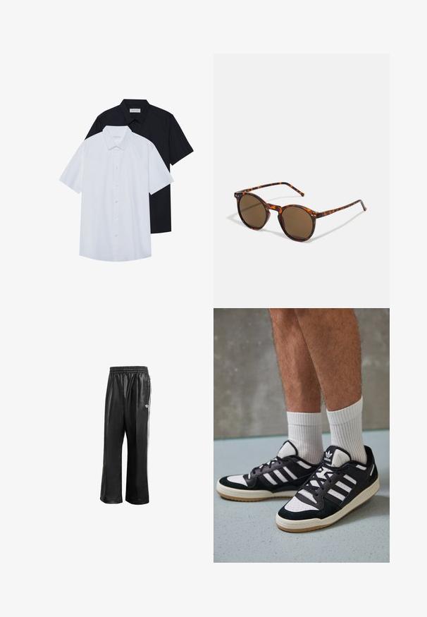 Korte mouwen overhemd met knopen in zwart en wit, gemaakt van een katoenmix. Beschikt over een klassieke kraag en een rechte zoom.; Zwarte synthetische trainingsbroek met een elastische tailleband, voorzien van witte zijstrepen en een klein wit logo op de linkse heup.; Zwart-witte sneakers met een bovenwerk van suede en leer, voorzien van drie witte strepen, een geperforeerde neus en een rubberen gumzool.; Ronde zonnebril met een schildpadprint frame en bruine lenzen. Bevat dunne pootjes met een lichte textuur en metalen accenten bij de lenzen.
