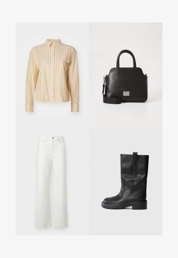 Žltý pruhovaný shirt s tenkými fialovými pruhmi, košeľový golier, dlhé rukávy, jedna náprsné vrecko a mäkká bavlnená textura.; Samsøe Samsøe SHELLY - Džínsy voľného strihu - clear cream; Čierne kožené vysoké čižmy s elegantným dizajnom, ktoré majú hrubú podrážku a bočný popruh pre jednoduché obúvanie. Výrazné švy ako akcent.; Čierna syntetická kabelka s vrchnými uchami, odnímateľným ramenným popruhom, okrúhlym tvarom, hladkou textúrou a strieborným logom na prednej strane.