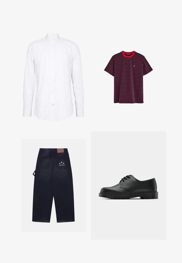 Camisa blanca de manga larga hecha de algodón. Presenta un cuello, cierre frontal con botones y puños con un solo botón. Textura suave, diseño limpio.; Camiseta de manga corta de color azul marino con rayas horizontales rojas, cuello redondo rojo y un pequeño logo en el pecho. Tejido de mezcla de algodón.; Pantalones de mezclilla oscura con un ajuste holgado. Presenta dos bolsillos traseros, un parche de cuero con el logo y un diseño de cinco estrellas en uno de los bolsillos.; Zapato oxford de cuero negro con diseño de cordones, punta redonda, suela de goma plana y un sutil detalle de costura en la parte superior.