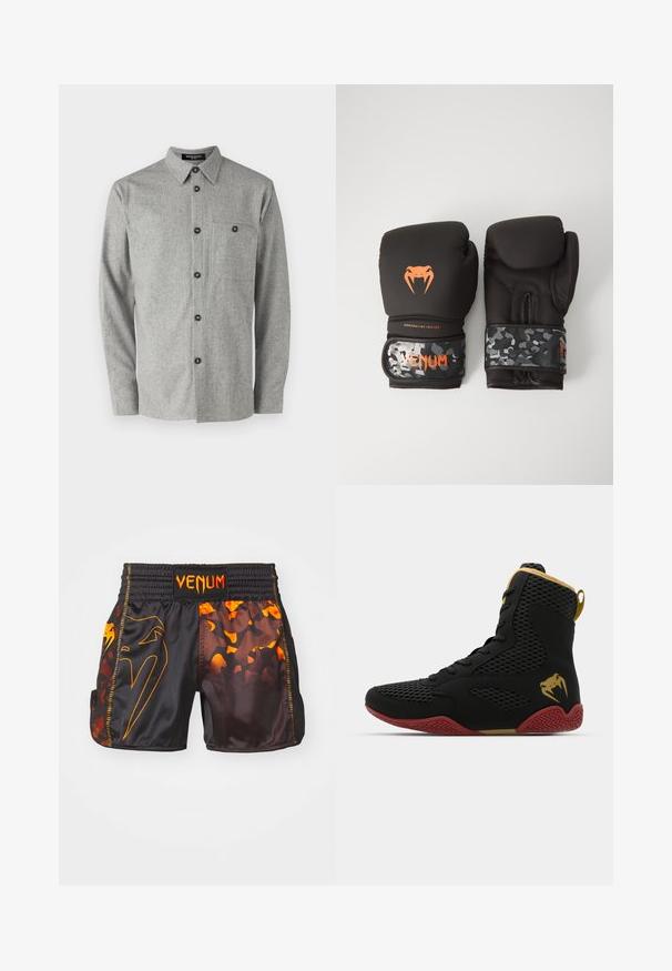 Γκρι μάλλινο πουκάμισο με γιακά που κουμπώνει, μακριά μανίκια, μπροστινή τσέπη και μαύρα κουμπιά. Διαθέτει υφασμάτινη υφή.; Αμάνικη μαύρη αθλητική κοντή μπλούζα συμπίεσης με διακριτά μοτίβα, μικρό λευκό λογότυπο φίδι στο στήθος και κυκλικό έμβλημα κοντά στη στρώση.; Μαύρες και πορτοκαλί σορτς Venum με γυαλιστερή επιφάνεια, αντιθετικά καμουφλάζ σχέδια και ελαστική ζώνη μέσης με λεπτομέρεια λογότυπου.; Αθλητικό παπούτσι ψηλής κορυφής με μαύρο δίχτυ και συνθετικό υλικό, υφασμάτινες λεπτομέρειες, κόκκινη καουτσούκ σόλα και χρυσές λεπτομέρειες στον αστράγαλο.; Μαύρα γάντια πυγμαχίας με ανάγλυφη επιφάνεια και εργονομικό σχεδιασμό. Λεπτομέρειες πορτοκαλί λογότυπου και ιμάντες καρπού με καμουφλάζ.