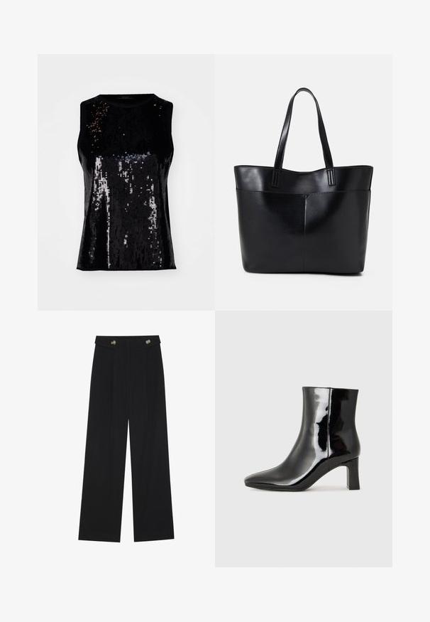 Čierny bezrukávový top zdobený flitrami, s lesklou textúrou a priliehavým strihom. Okrúhly výstrih bez viditeľných zapínaní.; Čierne široké nohavice s vysokým pásom, so zapínaním na gombíky na páse a prednými sklady.; Čierne lakované členkové topánky s špicatou špičkou a stredne vysokým blokovým podpätkom. Hladká textúra a minimalistický dizajn.; Čierna kožená tote taška s dvoma dlhými rúčkami, hladkým povrchom a štruktúrovaným tvarom. Obsahuje prednú kapsu pre dodatočné uskladnenie.