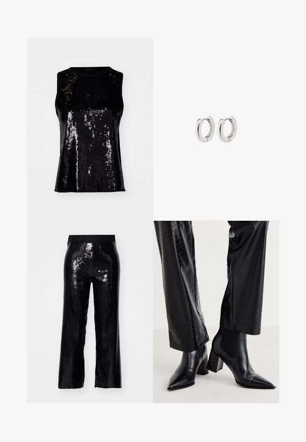 Zwarte mouwloze top versierd met pailletten, met een glanzende textuur en een getailleerd ontwerp. Ronde halslijn zonder zichtbare sluitingen.; Zwarte paillettenbroek met een rechte snit, elastische tailleband en glanzende textuur die het licht weerkaatst. Volledige lengte, zonder zakken en met een gladde afwerking.; RAID NEMMA - Lage laarzen - black metallic; Zilveren creolen met een gepolijste afwerking, uitgerust met een cirkelontwerp en naadloze scharnieren, die een gladde textuur tentoonstellen.