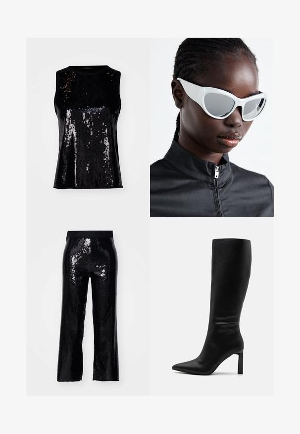 Juodas be rankovių viršus, puoštas blizgučiais, su blizgiai atrodančia tekstūra ir prigludusia išvaizda. Apykaklė su apvaliu iškirpimu, be matomų užsegimų.; Juodos blizgios kelnes su tiesiu pjūviu, elastinga juosta ir blizgia tekstūra, atspindinčia šviesą. Ilgos, be kišenių ir lygaus paviršiaus.; Even&Odd Batai - black; Baltos saulės akiniai su ryškiu, dideliu dizainu ir veidrodiniais lęšiais, turintys lygius plastiko rėmus ir išryškintas kreives.