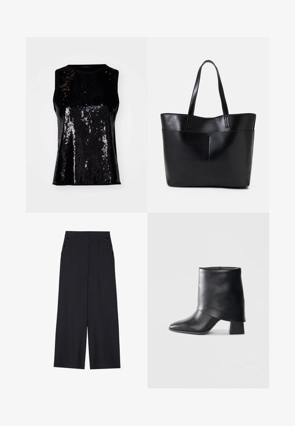 Top senza maniche nero adornato con paillettes, caratterizzato da una superficie lucida e un design aderente. Collo rotondo senza chiusure visibili.; Pantaloni a gamba larga in tessuto blu scuro, con una superficie liscia, pieghe frontali e occhielli decorativi in tono oro sui taschini laterali.; Stivale in pelle nera alla caviglia con punta affusolata, texture liscia e tacco a blocco strutturato. Presenta un design con risvolto alto.; Borsa a tracolla in pelle nera con due manici lunghi, una texture liscia e una forma strutturata. Presenta una tasca frontale per ulteriore spazio di archiviazione.