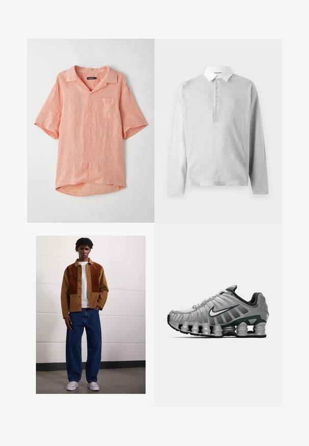 Krátke rukávy, košeľa na gombíky vo svetlej koralovej farbe, vyrobená z textúrovanej ľanovej tkaniny. Má jedno vrecko na hrudi a dizajn s golierom typu camp.; Svetlošedá polo košeľa s dlhým rukávom vyrobená z jemného materiálu, s bielym golierom a knoflíkovou lištou so štyrmi gombíkmi. Hladká textúra, neformálny dizajn.; Muž stojí vo vnútorných priestoroch, oblečený v hnedých kordových sako so sivými škvrnami, biele tričko, voľné modré džínsy a biele tenisky.; Sivé a čierne bežecké topánky Nike s viditeľným odpružením podobným pružine pod podrážkou a bielym logom swoosh na boku.
