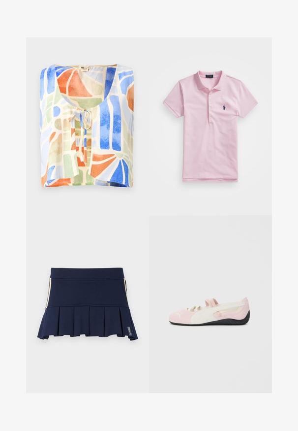 Kortærmet bluse i let stof med et farverigt abstrakt mønster. Farverne inkluderer blå, grøn, orange og creme med en bindedetalje.; Lyserød polo-shirt lavet af bomuld, med klassisk krave, tre knapper, korte ærmer og et lille marineblåt logo på brystet.; Marineblå plisseret nederdel lavet af strækbart stof, med en figursyet talje og lynlåsdetalje i siden. Syningerne er synlige langs sømmene.; Rosa ruskind slip-on sko med hvide detaljer, gummisål og elastiske stropper. Har et tekstureret design og et lille logo på fronten.