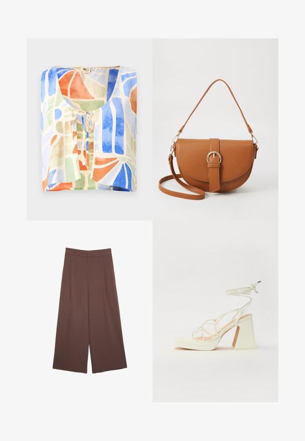 Kortærmet bluse i let stof med et farverigt abstrakt mønster. Farverne inkluderer blå, grøn, orange og creme med en bindedetalje.; Brune bredbunde bukser med en glat tekstur, der har høj talje og plisseringer foran. Stoffet er let og falder løst.; Hvide højhælede sandaler med en kraftig hæl, der har et stropdesign og ankelbinding. Glat tekstur med en platform foran for ekstra højde.; Brun læder crossbody taske med en buet form, guldfarvet hardware og en spændeaccent. Har en aftagelig skulderrem.
