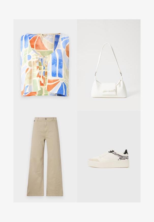 Blusa a maniche corte in tessuto leggero con un motivo astratto colorato. I colori includono blu, verde, arancione e crema, con un dettaglio a fiocco.; Pantaloni beige a gamba larga realizzati in cotone. Presentano una chiusura con bottone, passanti per cintura e tasche laterali. Texture liscia e resistente con un design classico.; Even&Odd Sneakers basse - white/black; Borsa sintetica bianca a forma triangolare, con patta anteriore piatta e dettaglio a fiocco, tracolla regolabile, texture liscia e design minimalista.