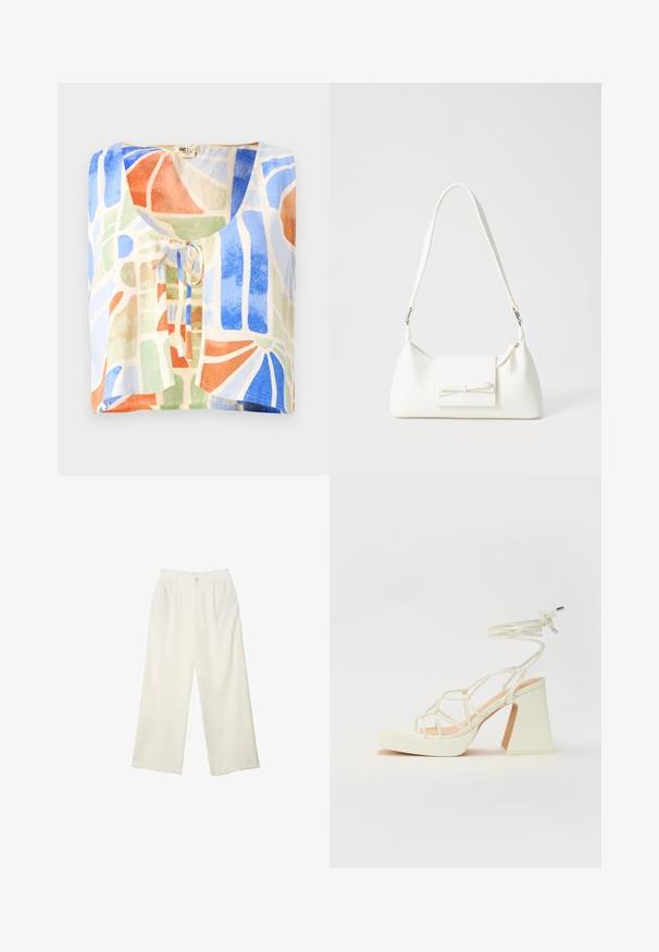 Kortærmet bluse i let stof med et farverigt abstrakt mønster. Farverne inkluderer blå, grøn, orange og creme med en bindedetalje.; Bredde bukser i cremefarvet stof med en glat tekstur, der har en enkelt knap foran, diskrete folder og design med høj talje.; Hvide højhælede sandaler med en kraftig hæl, der har et stropdesign og ankelbinding. Glat tekstur med en platform foran for ekstra højde.; Hvid syntetisk håndtaske med en trekantet form, flad forsideklap og sløjfedetalje, justerbar strop, glat tekstur og minimalistisk design.