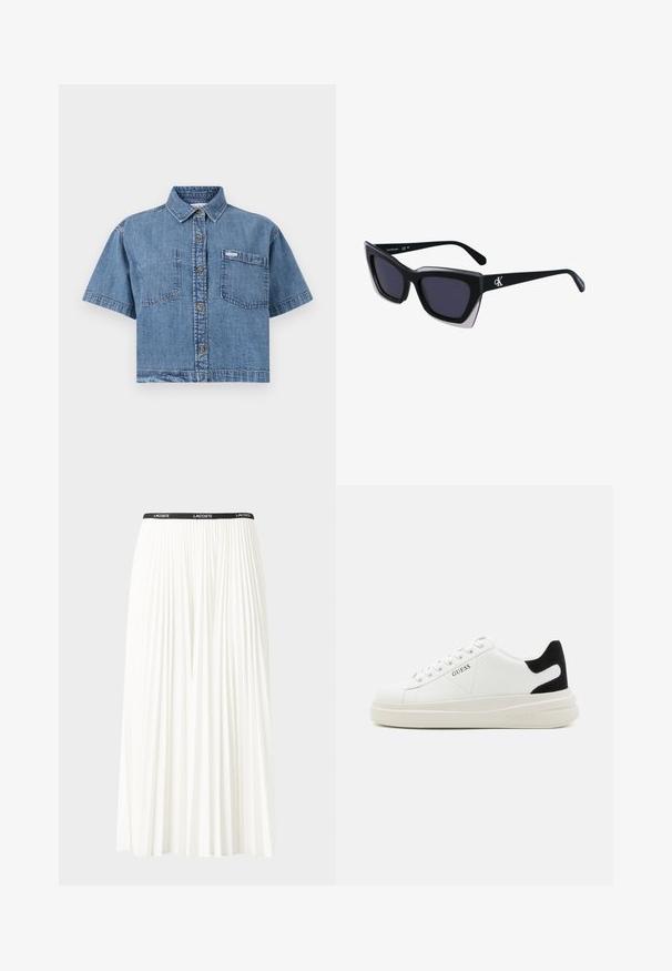 Zkrácená džínová košile světle modré barvy s krátkými rukávy, zapínání na knoflíky vpředu, dvěma náprsními kapsami a malou značkovou nálepkou na levé kapse.; Záhybová bílá sukně s černým elastickým pasem s logem "LACOSTE". Suška je střední délky a má jemnou texturu.; Bílé kožené tenisky s tlustou bílou podrážkou, černým semišovým akcentem na patě a vyraženým logem na boku. Šněrovací design se šesti očka.; Černé oversized sluneční brýle geometrického tvaru, s tmavými skly a kontrastním šedým detailem na rámu. Logo na rameni.
