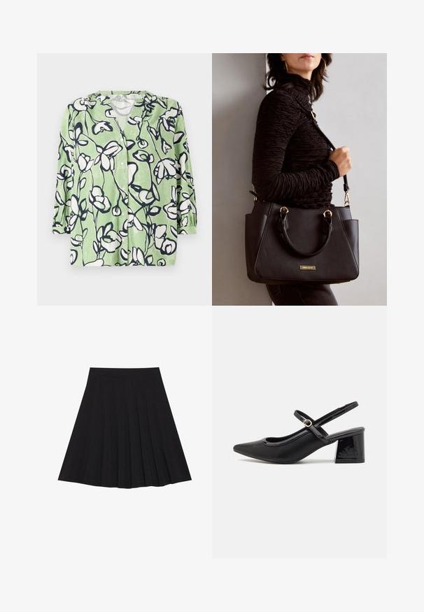 Green button-up shirt featuring a floral pattern in white and navy. Has a v-neckline and three-quarter sleeves with a smooth texture.; Black pleated skirt made of textured fabric with a fitted waistband. Falls to knee length, featuring a smooth, clean silhouette.; Black patent leather slingback heels with a pointed toe, a rounded cutout design, and a block heel. Features a gold-tone buckle accent.; Black handbag with textured surface, dual top handles, and adjustable shoulder strap. Features gold-tone hardware and side pockets.