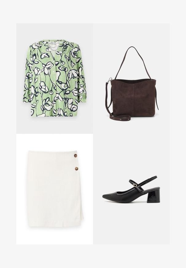 Groene overhemd met knopen, voorzien van een bloemenpatroon in wit en marineblauw. Heeft een v-halslijn en driekwart mouwen met een fijne textuur.; Witte rok van een textuurstof, met een wikkelontwerp en twee ronde knopen aan de zijkant voor sluiting.; Zwarte gepolijste leren slingback hakken met een spitse neus, een ronde uitsnede en een blokhak. Voorzien van een gouden gespaccent.; Bruine suède schoudertas met een zachte textuur, voorzien van een enkele schouderband en een subtiele, gebogen bovenopening. Geen zichtbare hardwaredetails.
