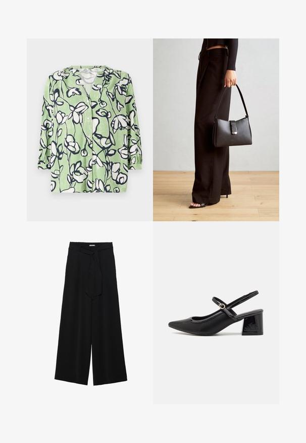 Camicia verde con bottoni che presenta un motivo floreale bianco e navy. Ha un colletto a V e maniche a tre quarti con una texture liscia.; Pantaloni neri a gamba larga caratterizzati da un tessuto testurizzato, una vita elastica e una cintura staccabile per una vestibilità regolabile.; Décolleté in vernice nera con cinturino dietro, punta affusolata, design con ritagli arrotondati e tacco a blocco. Presenta un accento di fibbia tono oro.; Borsa nera con forma strutturata, texture liscia e una chiusura metallica. Abbinata a pantaloni neri larghi e sandali open-toe su un pavimento in legno.