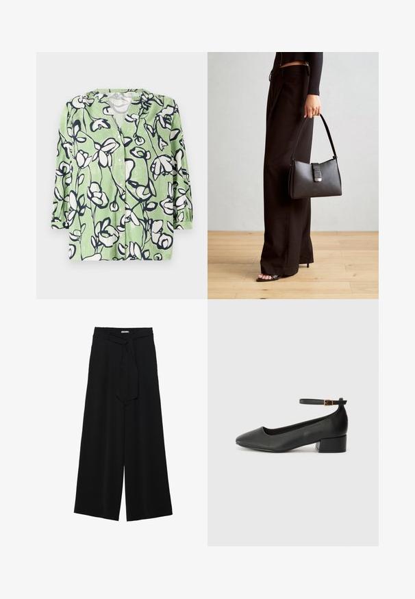 Green button-up shirt featuring a floral pattern in white and navy. Has a v-neckline and three-quarter sleeves with a smooth texture.; Black wide-leg pants featuring a textured fabric, an elastic waistband, and a detachable sash tie at the waist for adjustable fit.; Black leather pump with a pointed toe and a low block heel. Features an ankle strap with a gold-tone buckle. Smooth texture.; Black handbag with structured shape, smooth texture, and a metallic clasp. Paired with wide black pants and open-toe sandals on wooden floor.