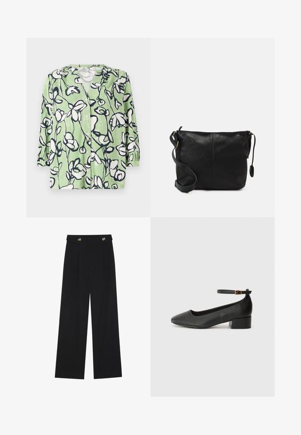 Camisa verde de botões com um padrão floral em branco e azul-marinho. Apresenta um decote em V e mangas três quartos com uma textura suave.; Calças largas pretas com cintura alta, detalhes em botão na cintura e pregas frontais.; Sandal de pele preta com bico pontiagudo e um salto bloco baixo. Apresenta uma tira no tornozelo com uma fivela em tom dourado. Textura suave.; Mala de ombro em couro preto com forma plana, detalhes em metal dourado e alça ajustável. Textura suave com detalhes de costura mínimos.