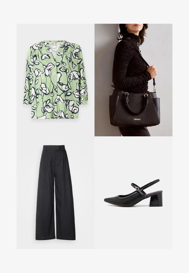 Camicia verde con bottoni che presenta un motivo floreale bianco e navy. Ha un colletto a V e maniche a tre quarti con una texture liscia.; Pantaloni a gamba larga scuri con vita strutturata e pieghe. Realizzati in tessuto leggero, presentano una texture liscia e senza motivi visibili.; Décolleté in vernice nera con cinturino dietro, punta affusolata, design con ritagli arrotondati e tacco a blocco. Presenta un accento di fibbia tono oro.; Borsa nera con superficie texturizzata, manici superiori doppi e tracolla regolabile. Dotata di hardware color oro e tasche laterali.