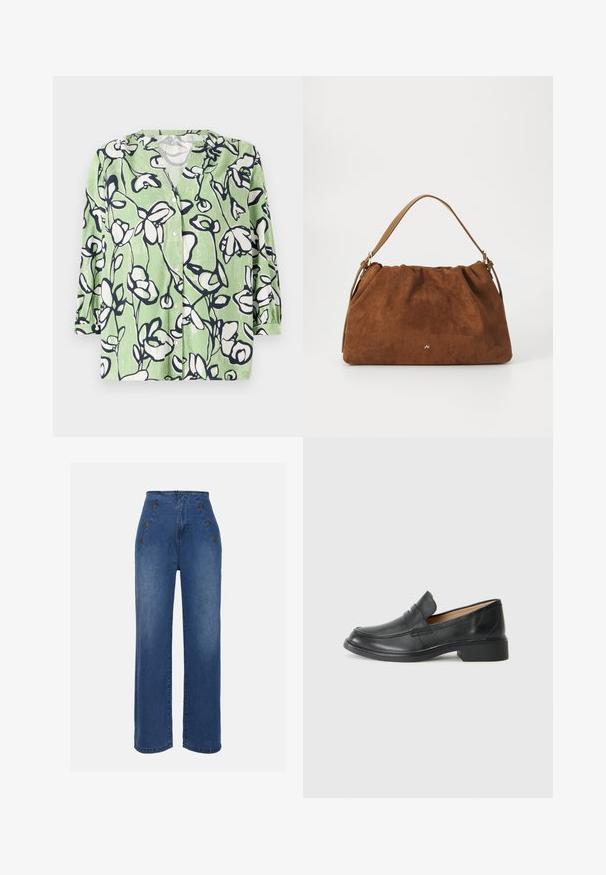 Zelená košeľa s gombíkmi a kvetinovým vzorom v bielej a námornej modrej farbe. Má výstrih do V a trojštvrťové rukávy s hladkým povrchom.; Džíny s vysokým pásom v strednej modrej farbe. Obsahujú predné gombíkové detaily a široký strih nohavíc. Látka má hladkú štruktúru s miernym vyblednutím.; Čierne kožené mokasíny s nízkym podpätkom, s prešívaným dizajnom a voľným štýlom obúvania, na jednoduchom bielom pozadí.; Hnedá semišová kabelka s nariaseným dizajnom, s jedným koženým remienkom v svetlohnedej farbe a jemným zlatým logom na prednej strane.