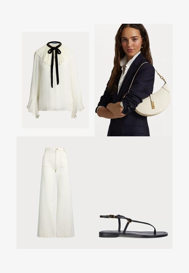 Balta blūze ar krokotu, volānu apkakli, melnu samta kaklasaiti un trim pogām priekšpusē. Plaši uzpūstas caurspīdīgas piedurknes.; Platās kājas džinsi off-white denima. Augsta jostasvieta ar pogu aizdari, divas priekšējās kabatas un kontrastējošas šuvju detaļas.; Melnas plakanas sandalēs ar minimālistisku dizainu. Iezīmējas ar plānām siksniņām, pirksta piederumu, zelta elementiem un gludu, teksturētu zoli.; Balta ādas rokassoma ar izliekumu formu, zelta furnitūru un teksturētu apdari, valkāta pāri tumšam žaketam un baltai krekla.