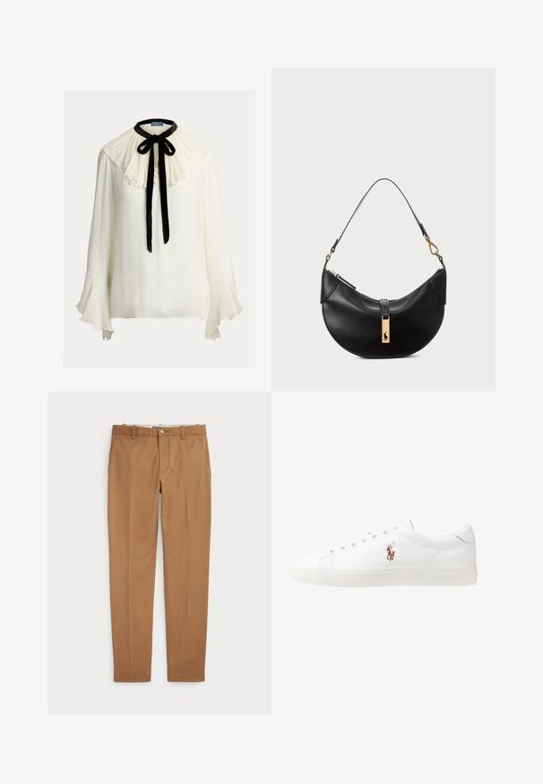 Balta blūze ar krokotu, volānu apkakli, melnu samta kaklasaiti un trim pogām priekšpusē. Plaši uzpūstas caurspīdīgas piedurknes.; Brūni kokvilnas bikses ar šauru piegriezumu, plakanu priekšpusi un standarta kabatām; gluda tekstūra un apšūti manšetes.; Baltas ādas sporta apavi, zema dizaina, ar gludu tekstūru, noapaļotu purngalu, ar auklēm priekšpusē un nelielu izšūtu logotipu sānos.; Melnas ādas rokas soma pusmēness formas. Iezīmē zelta metāla akcentus un šauru siksniņu. Gluda tekstūra, rāvējslēdzēja aizdare augšpusē.