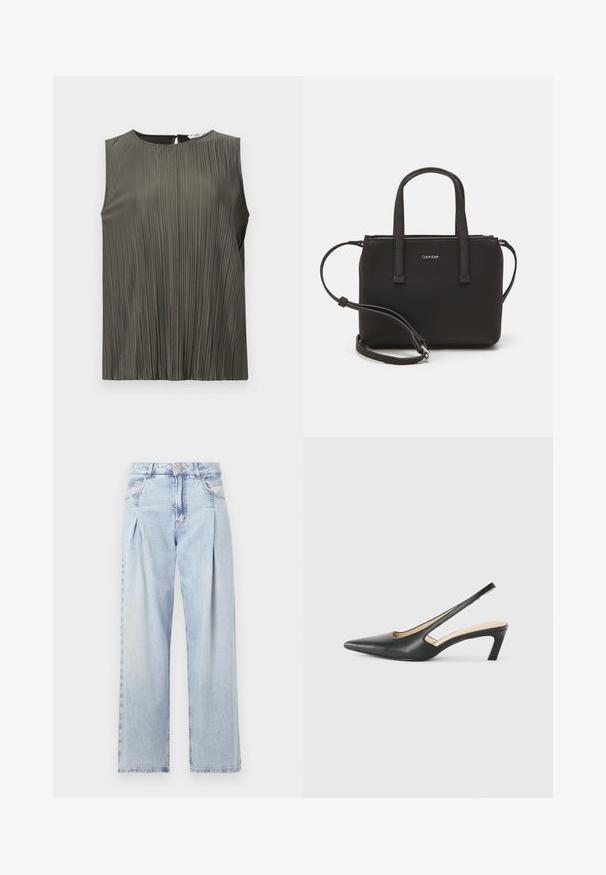 Hihaton toppi tummanoliivinvihreänä, jossa on pystysuorat poimut, pyöreä pääntie ja avonainen selkäyksityiskohta. Sujuva rakenne ja virtaava muotoilu.; Vaaleansiniset farkut, joissa on korkea vyötärö, leveälahkeinen leikkaus, kaksi sivutaskua ja pleatattu muotoilu. Pehmeä rakenne, jossa on haalistunut viimeistely.; Musta, kärjeltään terävä slingback-kengä, jossa on matala korko. Kengässä on sileä nahkamateriaali ja sivuilla leikkaukset hengittävyyttä varten.; Musta käsilaukku, jossa on kaksinkertaiset lyhyet kahvat ja irrotettava olkahihna. Silkkinen nahkatunneinen materiaali, jossa on vetoketjukiinnitys ja logoyksityiskohta.