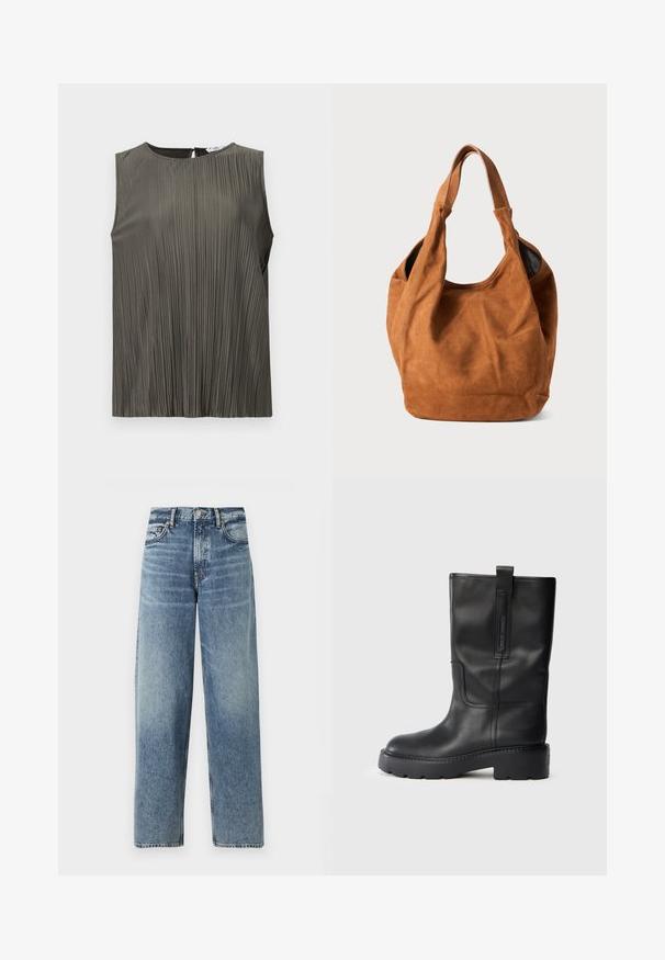 Top senza maniche in verde oliva scuro con pieghe verticali, scollo rotondo e dettaglio a chiave sul retro. Texture liscia e design fluido.; Jeans in denim azzurro chiaro con vestibilità dritta, vita alta e sbiaditure appena accennate. Dotati di cinque tasche e chiusura con bottone.; Stivali neri in pelle alti fino al ginocchio con un design elegante, dotati di una suola spessa e di una linguetta laterale per un indossamento facilitato. Cuciture decorative in evidenza.; Borsa a spalla in suede marrone con una texture morbida, forma curvata e due manici. Presenta un design minimalista senza hardware o accenti visibili.