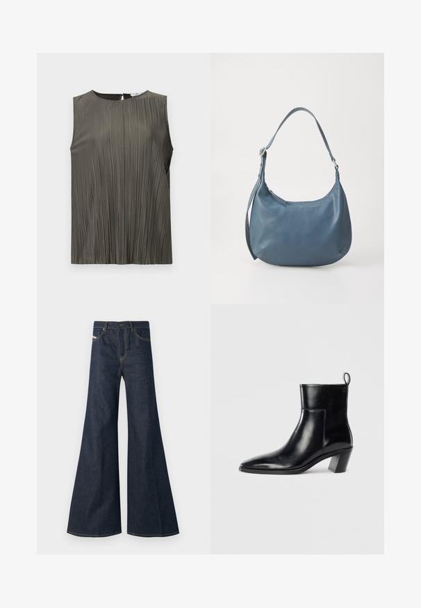 Bezrukávový top v tmavozelenej farbe s vertikálnymi záhybmi, okrúhlym výstrihom a detailom s kľúčovou dierou na chrbte. Hladká textúra a splývavý strih.; Tmavomodré zvonové džínsy vyrobené z denimu, s vysokým pásom, zlatými stehmi a dvoma bočnými vreckami so zapínaním na gombík.; Čierna kožená členková čižma s špicatou špičkou, geometricky tvarovaným podpätkom a pútkom na zadnej strane. Hladká textura a elegantný dizajn.; Modrá kožená kabelka s oblým tvarom, jedným ramenným popruhom, zipsovým uzatváraním a embosovaným názvom značky na prednej strane. Hladká textura.