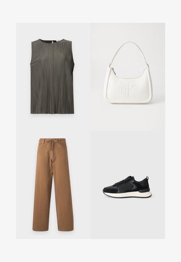 Bežė rankovių palaidinė tamsiai alyvuogių spalvos su vertikaliais raukiniais, apvaliu iškirpimu ir raktų skylės detalėmis nugaroje. Lygi tekstūra ir plazdanti forma.; Rudos plačios kojos kelnės, pagamintos iš medvilnės, su raišteliu liemenyje ir dviem priekinėmis kišenėmis. Tekstūruota medžiaga su lygia apdaila.; Juodas sportinis batas su lygiu odiniu paviršiumi, sukamščių akcentais, apvalia nosia ir kontrastingu baltojo vidpadžio. Savybė - raištelių uždarymas ir logotipo detalė.; Balta odinė rankinė su išlenkta forma, su reljefiniu "CK" logotipu priekyje ir viena petneša. Užtrauktuko uždarymas viršuje.