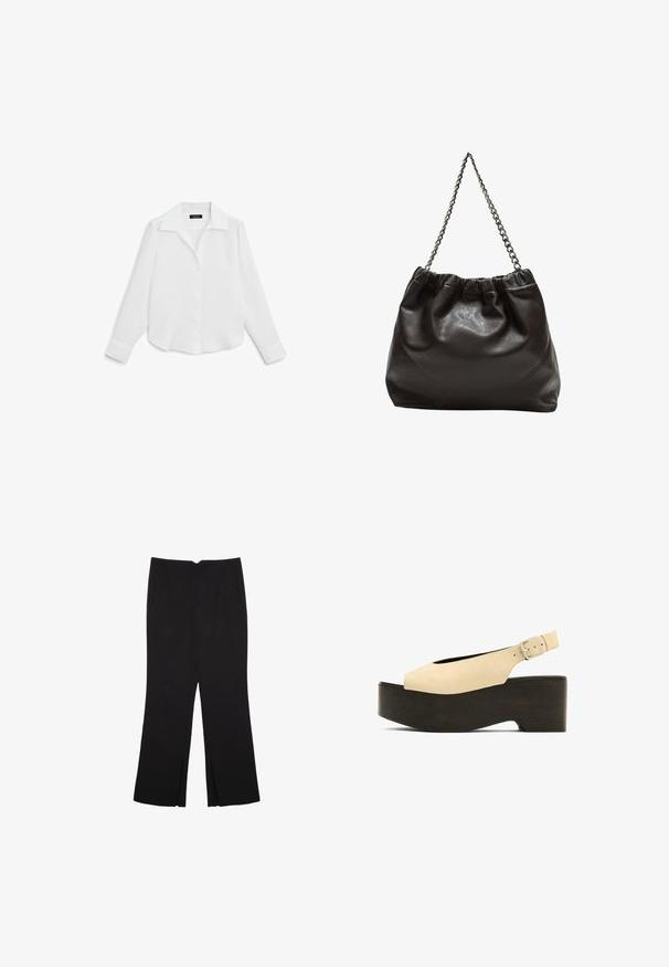 Massimo Dutti OPEN COLLAR LONG SLEEVE - Camicia - white; Pantaloni neri a gamba dritta, con tasche frontali e spacchi laterali all'orlo. Realizzati in tessuto morbido e liscio. Adatti a diverse occasioni.; Sandali platform in suede beige con punta aperta, design slingback e base scura simile al legno, dotati di una fibbia metallica per la regolazione.; Borsa in pelle marrone con parte superiore arricciata e tracolla a catena. Texture liscia con finitura lucida e dettagli di cucitura sottili sui lati.