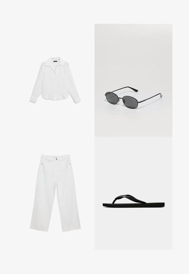 Massimo Dutti OPEN COLLAR LONG SLEEVE - Košilová halenka - white; Bílé široké džíny z denimu s vysokým pasem, které mají pět kapes a kovové ozdoby. Hladký povrch, bez viditelných vzorů.; Černé gumové žabky s texturovaným páskem a jednoduchou plochou podrážkou, zobrazené z boku na světlém pozadí.; Černé oválné sluneční brýle s tmavými skly, tenkým kovovým rámem a rovnými nožičkami. Obsahují logo značky na vnitřní straně ucha a nosní podložky.; Černá kožená kabelka s zakřiveným tvarem, vybavená výrazným zlatým oválným zapínáním, nastavitelným popruhem a minimalistickým designem.