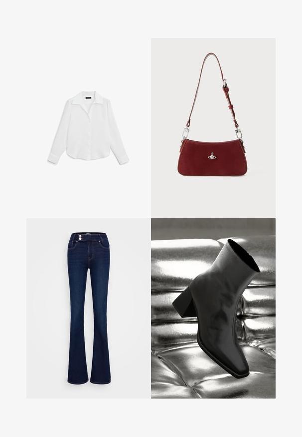 Massimo Dutti OPEN COLLAR LONG SLEEVE - Hemdbluse - white; Dunkelblaue Schlagjeans mit hoher Taille, zwei Fronttaschen und zwei Knopfverschlüssen. Hergestellt aus Denim mit glatter Textur.; Schwarzer Knöchelstiefel aus glänzendem Material mit quadratischer Zehenform und verjüngtem Absatz, vor einem glänzenden silbernen gepolsterten Hintergrund.; Rote Wildleder Schultertasche mit einer curved Form. Verfügt über einen silberfarbenen Akzent und einen verstellbaren Trageriemen mit Hardware-Details. Glatte Textur.