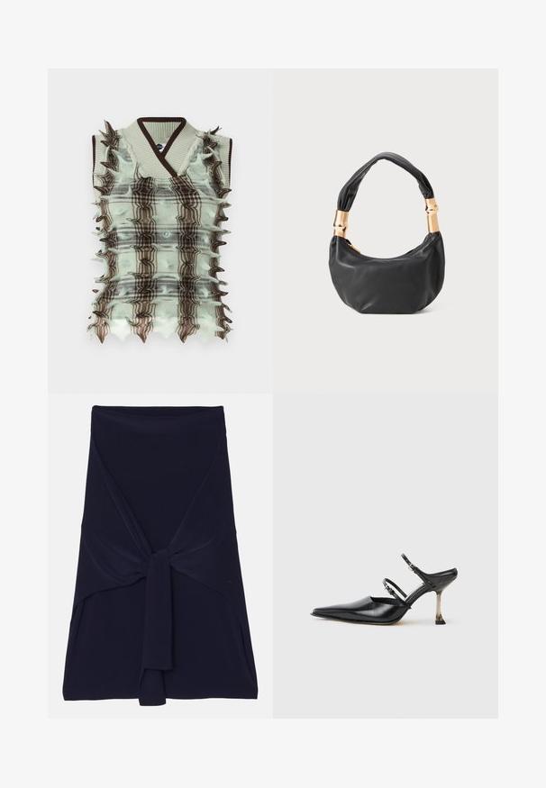 Stickad väst i mintgrön och brun med ett rutmönster, prydd med upphöjda, taggiga detaljer längs sidorna och en ribbad krage.; Marinblå omlottkjol tillverkad av mjukt, stretchigt tyg med en knuten design fram, med en slät yta och skräddarsydda kanter.; Svart skinnsko med spetsig tå och slingback-design, utrustad med två justerbara remmar och en metallisk klack. Slät yta och minimalistisk design.; Svart läderhandväska med rund form, mjuk textur och ett knuthandtag med detaljer i guldfärg. Dragkedjestängning.