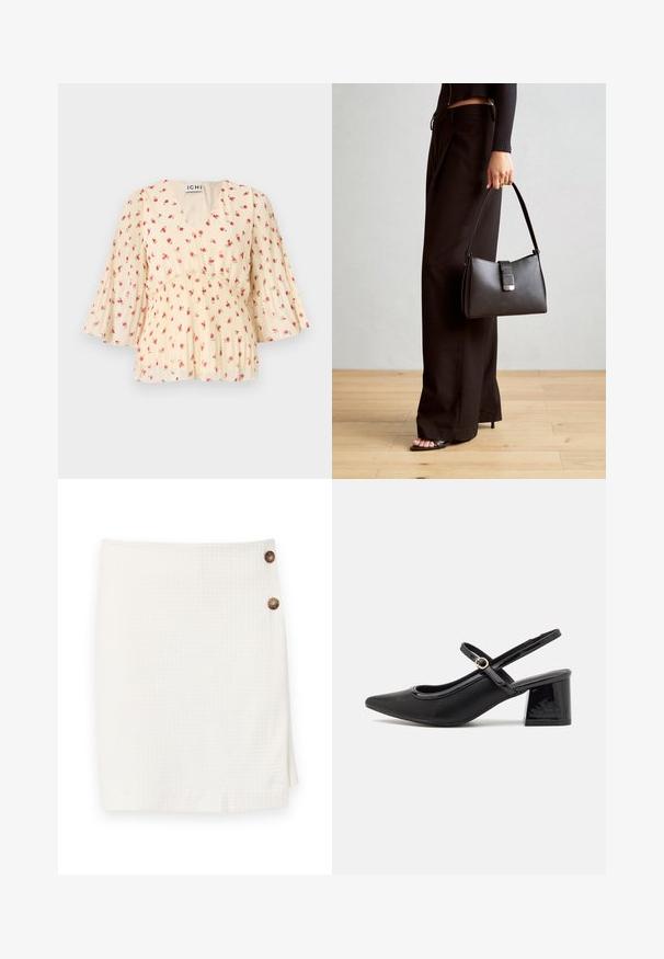Cvjetna bluza u krem boji s V-izrezom i nabranim rukavima. Sadrži male ružičaste ruže, mekani materijal i uski struk s labavim lepršavim detaljima.; Bijela suknja od teksturirane tkanine, s dizajnom u obliku omota i dva okrugla gumba sa strane za kopčanje.; Crne lakirane slingback visoke potpetice s šiljastim vrhom, zaobljenim izrezom i blok potpeticom. Sadrži akcent zlatnog tona s kopčom.; Crna torba s oblikom koji sadrži strukturu, glađu teksturu i metalnu kopču. Uparena s širokim crnim hlačama i sandalama na otvorenom s drvenog poda.