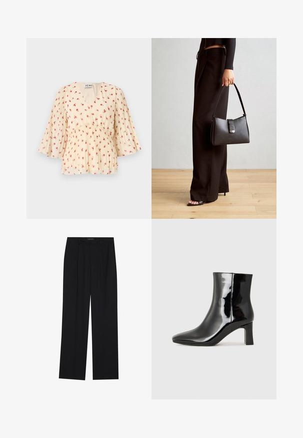 Blomstret bluse i kremfarge med V-hals og plisserte ermer. Har små rosa roser, mykt stoff og en innsvingt midje med løse, flagrende detaljer.; Sorte bukser med rette ben, som har to frontlommer og en talje. Laget av et glatt, lett stoff.; Sorte patentlær ankle boot med spiss tå og en mellomhøy blokkhelt. Glatt tekstur og minimalistisk design.; Svart håndveske med strukturert form, jevn tekstur og metallisk lås. Kombinert med brede svarte bukser og sandaler med åpen tå på tregulv.