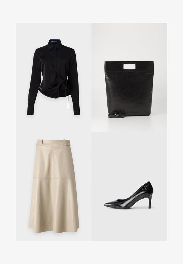 Must musta, pikkade varrukatega särk siledast kangast, nööbitav eesmine osa, ümbritseva disainiga ja külje sidumise detailiga taljes. Omab nööbiga mansette.; Beež nahast midi-seelik, millel on sile tekstuur, lai talje ja laienev serves; lisatud detailina on nähtavad õmblused.; Mustad varvastega mustad kõrged kontsad läikiva viimistluse ja peene tekstuuriga mustriga. Omab mõõdukat kontsa ja avatud kaela disaini.; Must mustrikotest läikega must nahast kott ruudukujulise käepidemega, millel on tekstuuriga viimistlus ja reljeefne logo. Kohandatav rihm on eemaldatav.