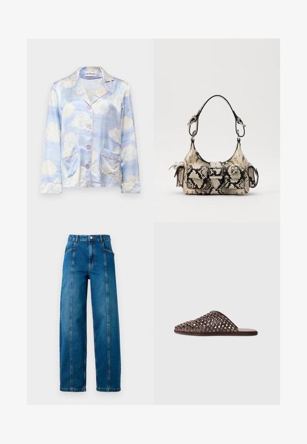 Gaiši zils zīda pidžamu krekls ar mākoņu rakstiem, ar izgrieztu apkakli, piecām pogām un divām priekšējām kabatām ar gaiši rozā apdari.; Augstās jostas, zila denima bikses ar platiem kājiem, priekšējām vertikālām šuvēm, sānu kabatām, jostas cilpām un pogu aizdari.; Brūni austs slaidu sandales ar noapaļotu pirkstu, atvērtu dizainu, plakanu zoli un teksturētu virsmu. Viegls materiāls un minimālistiska siluets.; Python-print rokassoma bēšā un melnā krāsā ar strukturētu formu, sprādzi un divām plecu siksnām. Tekstūrēta virsma.