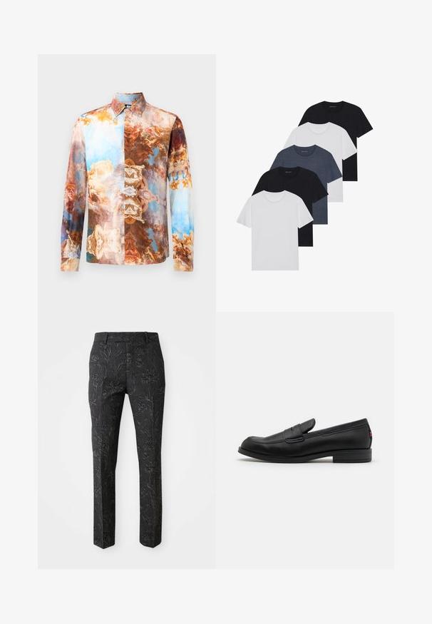 Long-sleeve shirt featuring a collage of baroque-style patterns in shades of brown, blue, and cream, with a classic collar and button closure.; Set of five t-shirts in black, white, and navy blue. Cotton fabric, short sleeves, crew neck design, and plain texture with no patterns.; Dark gray trousers with an embossed floral pattern, tailored fit, straight legs, and a smooth texture. Features a standard waistband.; Black leather loafers with a smooth finish, rounded toe, and a small decorative flap. Features a low stacked heel and subtle branding detail.
