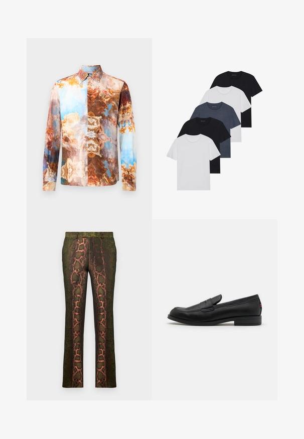 Langärmliges Hemd mit einer Collage aus barocken Mustern in Braun-, Blau- und Cremetönen, mit klassischem Kragen und Knopfverschluss.; Set aus fünf T-Shirts in Schwarz, Weiß und Marineblau. Baumwollstoff, kurze Ärmel, Rundhalsausschnitt und schlichte Textur ohne Muster.; Grüne gemusterte Hosen mit einem Schlangenmusterdruck in Brauntönen und Orange, gerade geschnitten und mit einer glatten Textur.; Schwarze Lederloafer mit glatter Oberfläche, abgerundetem Zehenbereich und einem kleinen dekorativen Riegel. Ausgestattet mit einem niedrigen, gestapelten Absatz und einem dezenten Markenlogo.