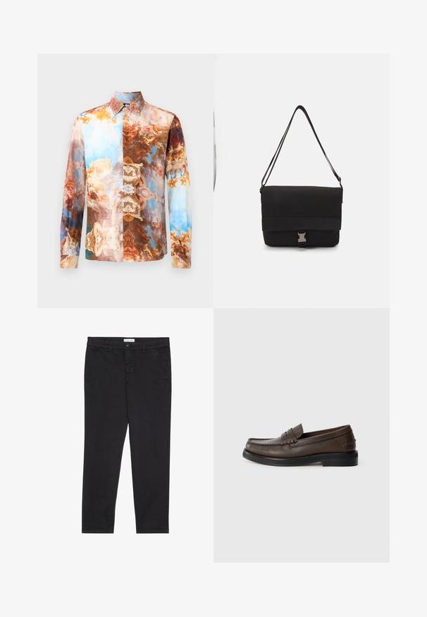 Hosszúujjú ing, amely barokk stílusú minták kollázsát mutatja be barna, kék és krémszínekben, klasszikus gallérral és gombos záródással.; Fekete pamut nadrág, slim fit fazonban, két oldalsó zsebbel és elülső gombos zárással. Textúrált anyag finom részletekkel.; Barna bőrből készült loaferek kerek orral, részletes varrással és lapos fekete talppal. Jellemzője egy kis díszítő pánt a lábfej fölött.; Fekete üzenetküldő táska sima anyagból, hajtókás fedéllel, ezüst csattal és állítható vállpánttal.