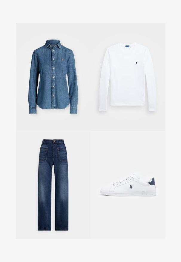 Denim shirt in medium blue, long sleeves, button-down collar, and logo accent on the chest. Features a curved hem and standard fit.; White long-sleeve shirt, cotton material, round neckline, featuring small navy logo on the left chest. Simple design, regular fit.; High-waisted, dark blue straight-leg denim jeans with front patch pockets, belt loops, and a button closure.; White leather sneakers with a smooth finish, navy accents, and a small logo on the side. Features flat laces and textured rubber sole.