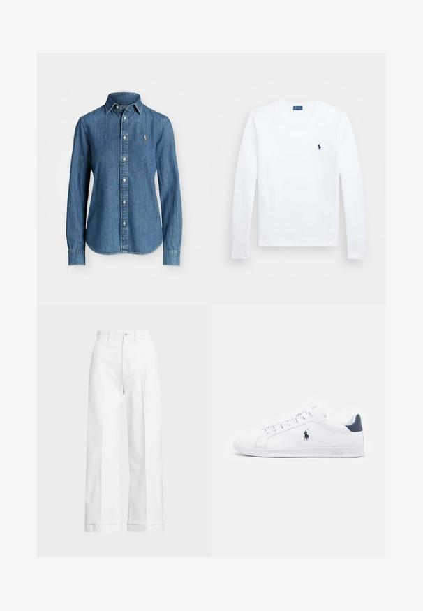 Jeansowa koszula w średnim niebieskim kolorze, z długimi rękawami, kołnierzykiem na guziki i akcentem z logo na piersi. Posiada okrągły dół i standardowy krój.; Biała koszula z długim rękawem, wykonana z bawełny, okrągły dekolt, z małym granatowym logo na lewej piersi. Prosty wzór, standardowy krój.; Białe, szerokie spodnie z wysokim stanem, z zapięciem na guzik i subtelnymi detalami wyszycia. Wykonane z bawełny o gładkiej fakturze.; Białe skórzane sneakersy o gładkim wykończeniu, granatowe akcenty i małe logo po boku. Posiadają płaskie sznurowadła i teksturowaną gumową podeszwę.