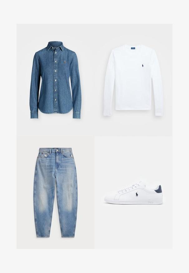 Cămașă din denim de culoare bleumarin, cu mâneci lungi, guler cu nasturi și accent cu logo pe piept. Prezintă o tiv curbat și o potrivire standard.; Cămașă albă cu mâneci lungi, din bumbac, cu guler rotund, având un logo mic în nuanță de bleumarin pe pieptul stâng. Design simplu, croi normal.; Jeans din denim de culoare albastru deschis, cu talie înaltă și croială tapered, cu buzunare atât în față, cât și în spate, ușor deteriorate lângă buzunarele din față și închidere cu nasture.; Tenisi albe din piele, cu o finisare netedă, accente bleumarin și un logo mic pe lateral. Prezintă șireturi plate și o talpă din cauciuc texturată.