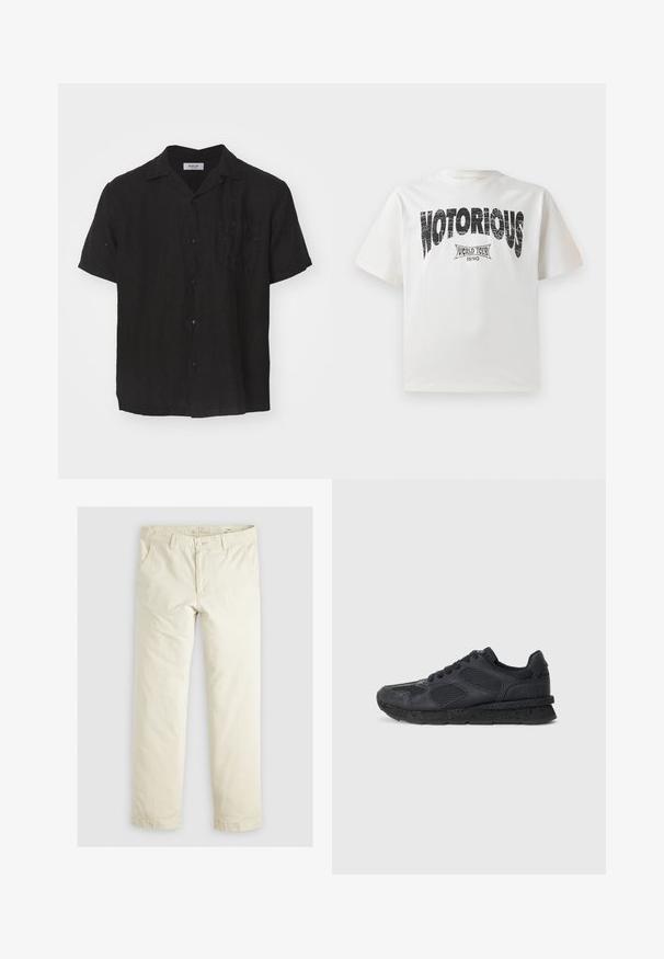 Juodas trumpas rankovės marškinėliai, pagaminti iš tekstūruoto audinio. Turi mygtukų užsegimą priekyje, apykaklę ir pleistro kišenę kairėje krūtinės pusėje.; Balta medvilnės marškinėliai trumpomis rankovėmis, su ryškiu juodu užrašu "NOTORIOUS" ir dizainu "WORLD TOUR 1990" apačioje, atspausdintu su senoviniu efektu.; Šviesiai smėlinės spalvos laisvi kelnės su trimis kišenėmis, diržo kilpos ir tiesiomis kojomis. Pagamintos iš minkštos medvilnės mišinio audinio.; Replay ARTHUR ATOM - Sportbačiai - black
