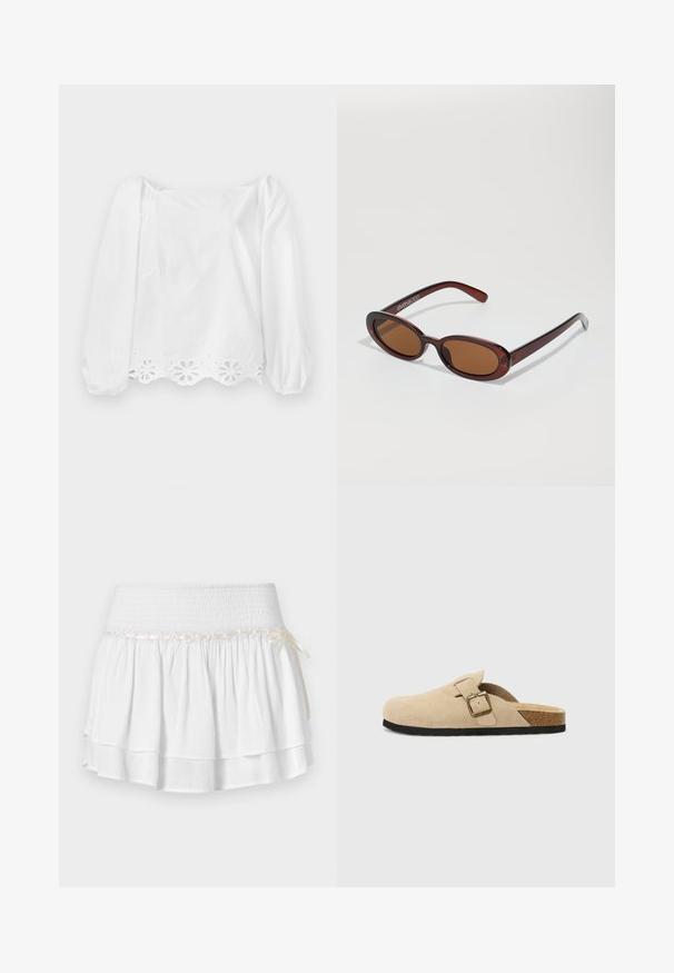 Blusa bianca a maniche lunghe con maniche a sbuffo e orlo ondulato. Presenta un motivo floreale a intaglio lungo il bordo inferiore e una leggera lucentezza.; Gonna bianca a strati con vita elastica, caratterizzata da un dettaglio in smocking testurizzato e un nastro decorativo. Tessuto di cotone.; Zoccoli beige in suede con piede in sughero, punta rotonda e una semplice fascia con una fibbia dorata. Suola in gomma per una buona aderenza.; Occhiali da sole rotondi con tonalità marrone, montatura lucida color bordeaux. Aste sottili con un sottile dettaglio del marchio. Design delle lenti piatte.