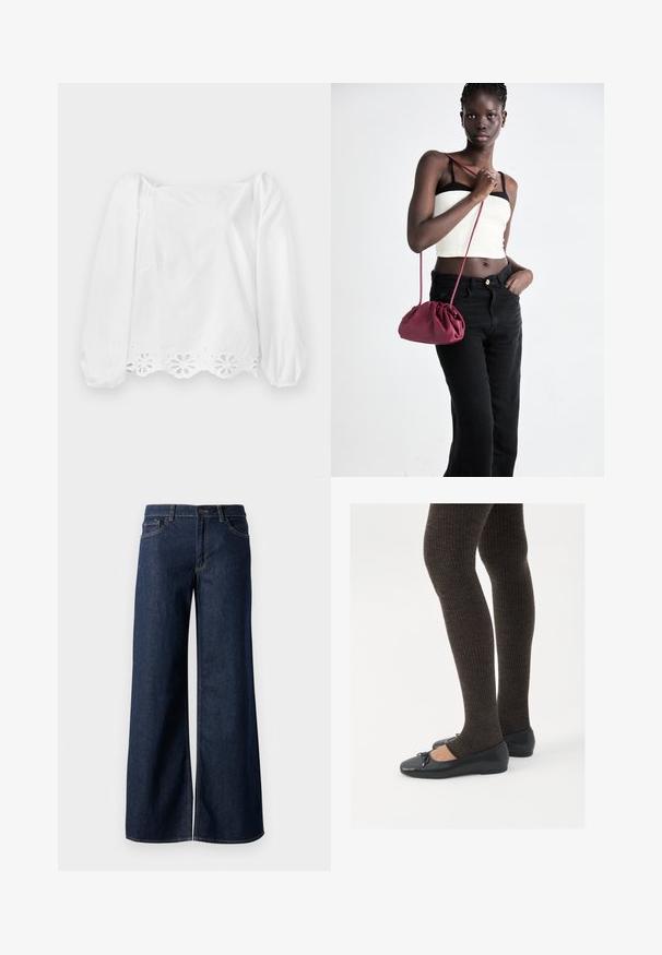 Blouse blanche à manches longues avec des manches bouffantes et un ourlet festonné. Présente un motif floral découpé le long du bord inférieur et un léger éclat.; Jean large en denim bleu foncé. Présente des coutures contrastées, cinq poches et une fermeture par bouton à la taille. Texture lisse.; Chaussures plates noires avec un petit nœud au niveau des orteils, associées à des collants côtelés marron foncé. Les chaussures ont une texture lisse et un profil bas.; Sac à main en tissu doux bordeaux avec un design froncé et une longue sangle, porté en bandoulière. Le mannequin porte un top court blanc et un jean noir.