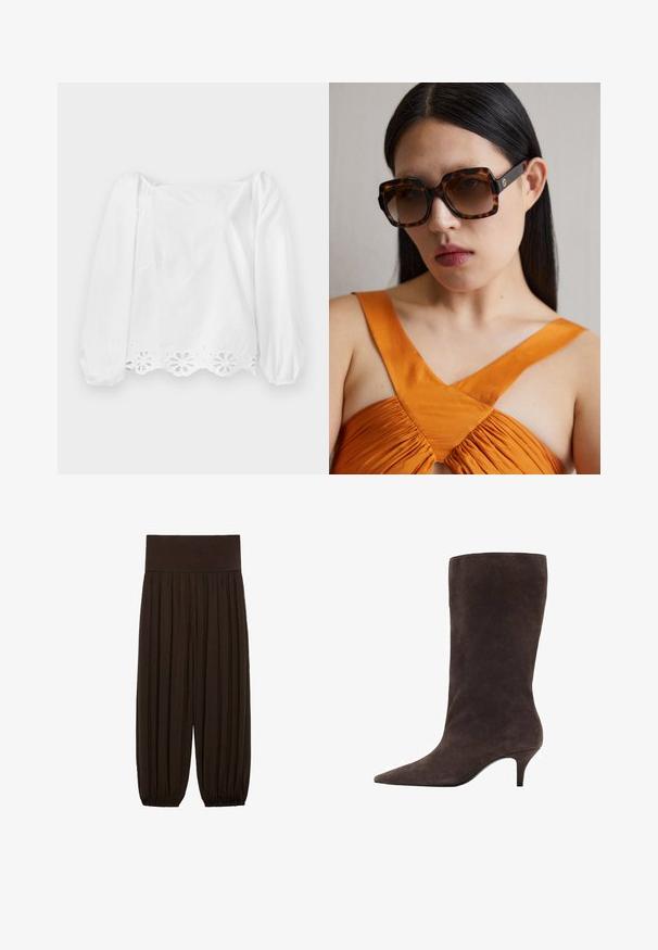 Bluză albă cu mâneci lungi, cu mâneci bufante și tiv ondulat. Prezintă un model floral decupat de-a lungul marginii inferioare și o ușoară strălucire.; Pantaloni plisati maro cu un talie elastică și lată. Țesătura este ușoară și texturată, având tivuri strânse la manșete.; Botă din suede maro, până la genunchi, cu vârf ascuțit și toc mediu, având o textură netedă și un design elegant.; Ochelari de soare supradimensionați, cu rame dreptunghiulare largi, în nuanțe de tortoise brown și lentile cu gradient. Detaliu cu logo auriu pe lateral.; Geantă din piele moale, de culoare bej, țesută, cu un mâner rotund. Dispune de un sistem de închidere cu fermoar și un model complex de țesătură tip coș.