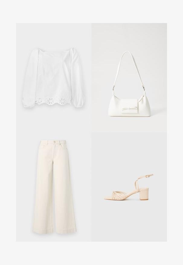 Weiße Langarmbluse mit Puffärmeln und gewelltem Saum. Mit einem ausgestanzten Blumenmuster entlang des unteren Randes und einem leichten Glanz.; Weite, hellbeige Jeanshose mit hoher Taille, zwei vorderen Taschen, Knopfverschluss und dezenten Nähten.; Beige Riemensandalette mit quadratischer Zehenpartie, gedrehtem Vorderdesign, Knöchelriemen und Blockabsatz. Glatte Textur, minimalistischer Stil.; Weiße synthetische Handtasche in dreieckiger Form, flache Vorderklappe und Schleifendetail, verstellbarer Trageriemen, glatte Textur und minimalistisches Design.