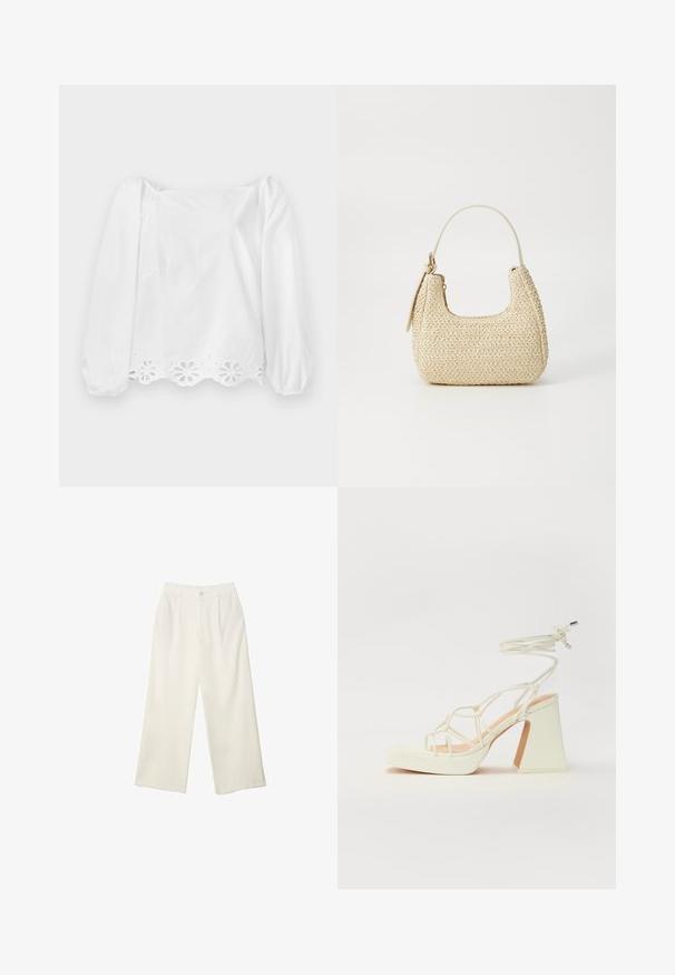 Weiße Langarmbluse mit Puffärmeln und gewelltem Saum. Mit einem ausgestanzten Blumenmuster entlang des unteren Randes und einem leichten Glanz.; Helle Stoffhose mit weitem Bein und glatter Textur, ausgestattet mit einem einzelnen Knopf vorne, dezenten Falten und einem Hochbund-Design.; Weiße High-Heel-Sandale mit einem klobigen Absatz, die über ein Riemchendesign und ein Knöchelband verfügt. Glatte Textur mit einer Plattform vorne für zusätzliche Höhe.; Beige geflochtene Strohtasche mit geschwungener Form, einem kurzen Griff und einem seitlichen Reißverschluss. Verfügt über eine strukturierte Oberfläche und ein minimalistisches Design.