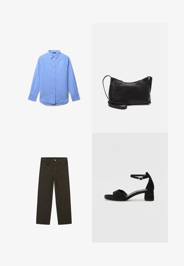 Camicia a maniche lunghe blu chiaro realizzata in tessuto morbido. Presenta un colletto con bottoni e una patta frontale con bottoni, con polsini abbottonati e orlo arrotondato.; Jeans a gamba larga di colore verde scuro, realizzati in tessuto misto cotone, dotati di chiusura con bottone frontale, cinque tasche e cuciture classiche in denim.; Sandali con tacco in suede nero, con una sottile fascia alla caviglia, design open toe e un discreto tacco a blocco. Texture liscia e decorazioni minime.; Borsa a spalla in pelle nera con una texture liscia, forma curva, tracolla regolabile e chiusura con zip. Design minimalista senza ornamenti.