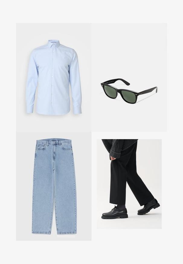 Light blue button-up shirt, long sleeves, classic collar, made of smooth fabric, featuring white buttons down the front, minimal design.; Light blue denim jeans with straight leg design, featuring a mid-rise waist, five pockets, and a button and zipper closure.; Black leather shoes with a rounded toe, lace-up design, and thick, textured sole. Worn with tailored black trousers and a ribbed sweater.; Black plastic sunglasses with green lenses, square frames, silver accent on the brow, and textured temple arms. Stated brand on inner arm.