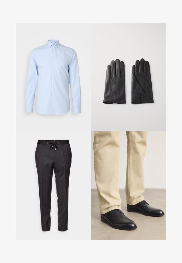 Lichtblauwe button-up shirt, lange mouwen, klassieke kraag, gemaakt van soepele stof, met witte knopen aan de voorkant, minimalistisch ontwerp.; Zwarte op maat gemaakte broek met een elastische tailleband, geplooide voorkant en omgeslagen randen. Gemaakt van een gladde stof met een gestructureerde pasvorm.; Zwarte leren veterschoenen met een ronde neus, een gladde afwerking en subtiele stikdetails, gedragen met lichtbeige broeken.; Zwarte leren handschoenen met vijf vingers, voorzien van decoratieve stiksels. De binnenkant heeft een zachte voering en een open wijsvingerdesign.